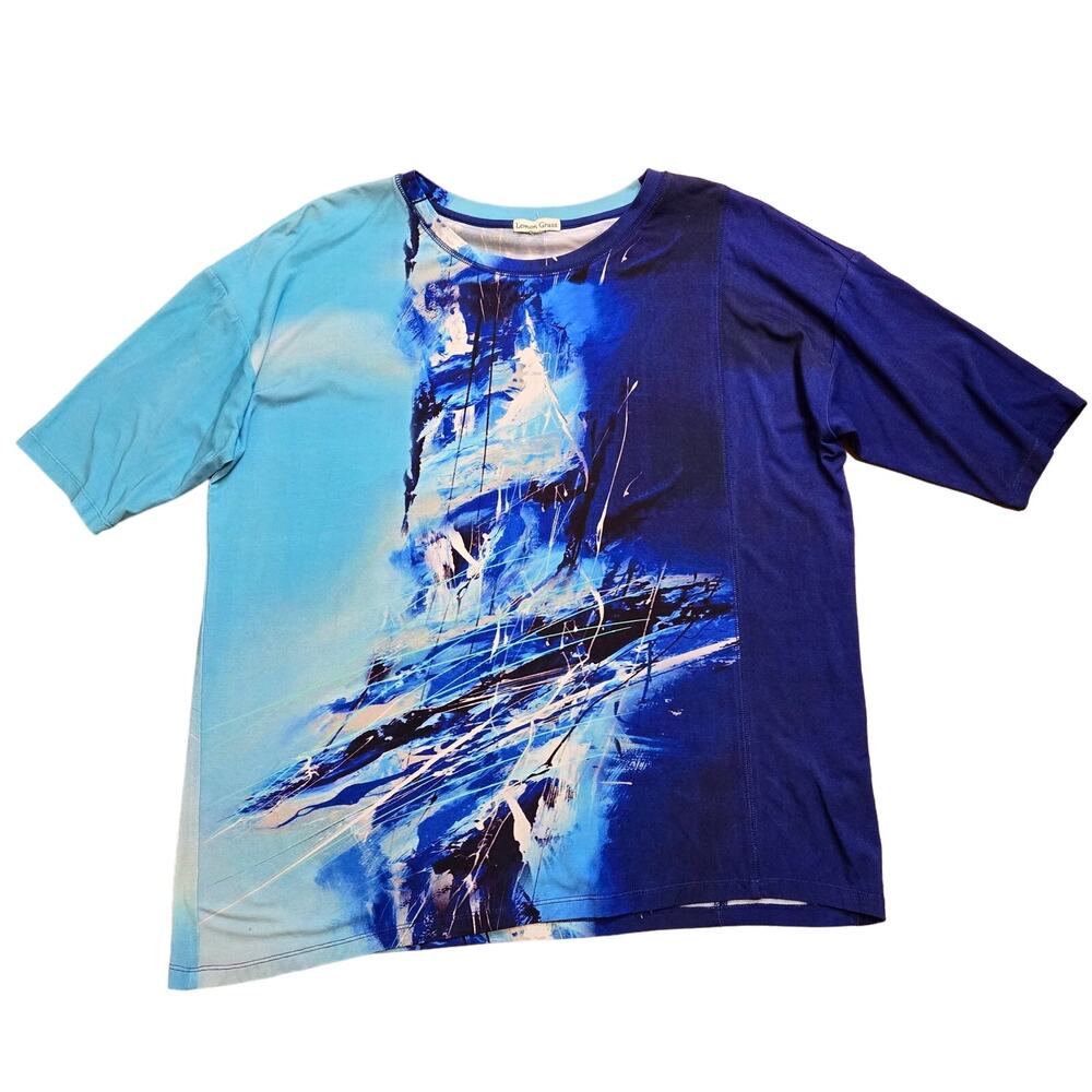 Lemon Grass Blue Print Tunic Pullover Short Sleeve Crew Neck See Measurements